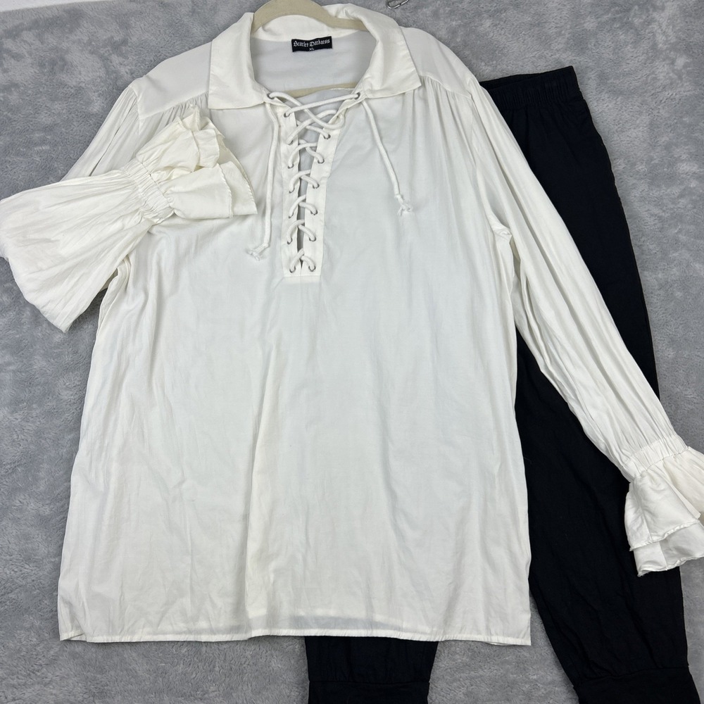 Renaissance Pirate Medieval Costume XL Ruffled Shirt M Black Pants Head Scarf - Picture 1 of 11
